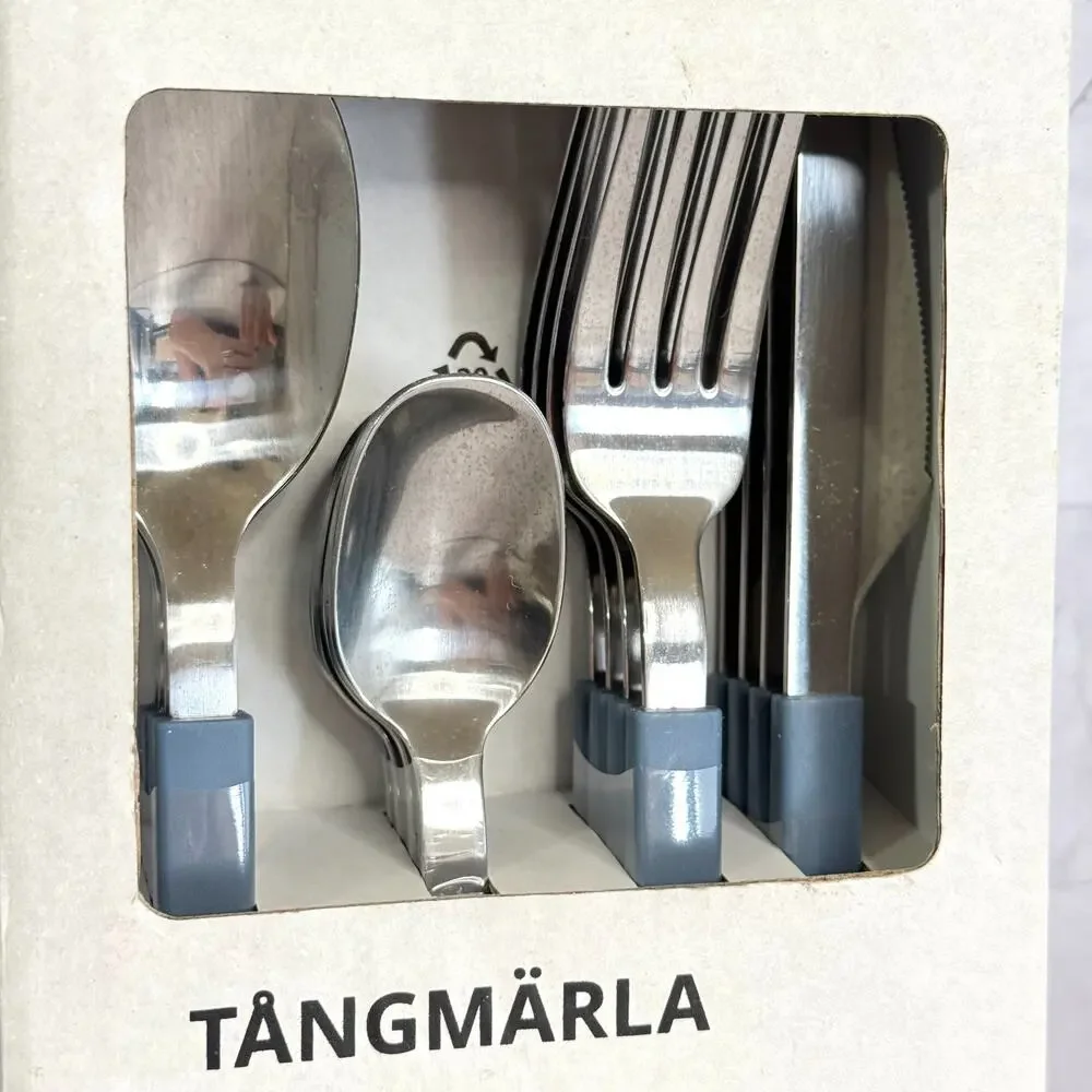 NIB Ikea TÅNGMÄRLA Flatware Set 406.083.03 16 Piece Gray Blue Plastic Handle